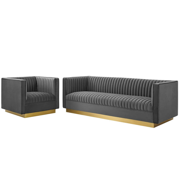 Jimmy Vertical Channel Tufted Upholstered Performance Velvet Sofa and Armchair Set