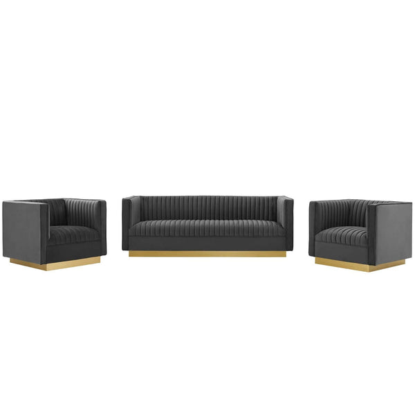 Jimmy 3 Piece Vertical Channel Tufted Upholstered Performance Velvet Set