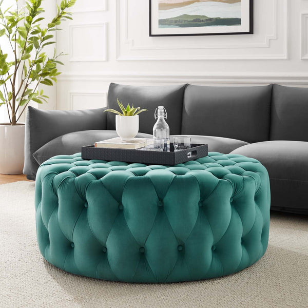 Anakin Tufted Button Large Round Performance Velvet Ottoman